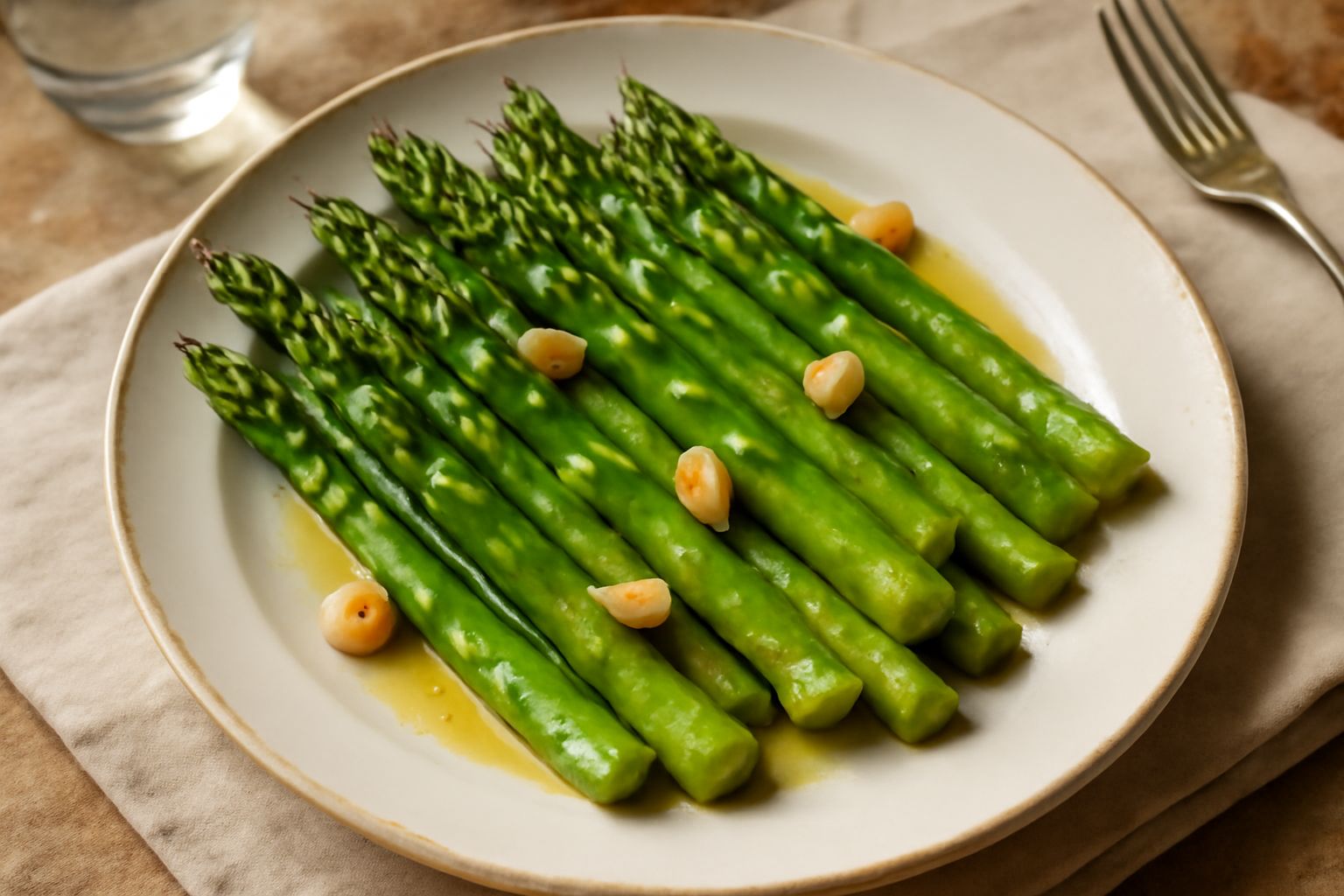 Asparagi verdi interi saltati in padella, disposti ordinatamente su un piatto bianco, con aglio dorato e gocce di olio d'oliva, contorno di fette di limone giallo