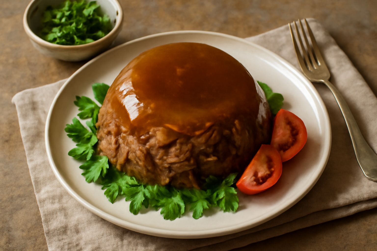 Aspic di carne dal colore ambrato scuro, completamente trasparente, servito in un piatto bianco con superficie liscia e lucida, guarnito con qualche goccia d'olio e salsa intorno