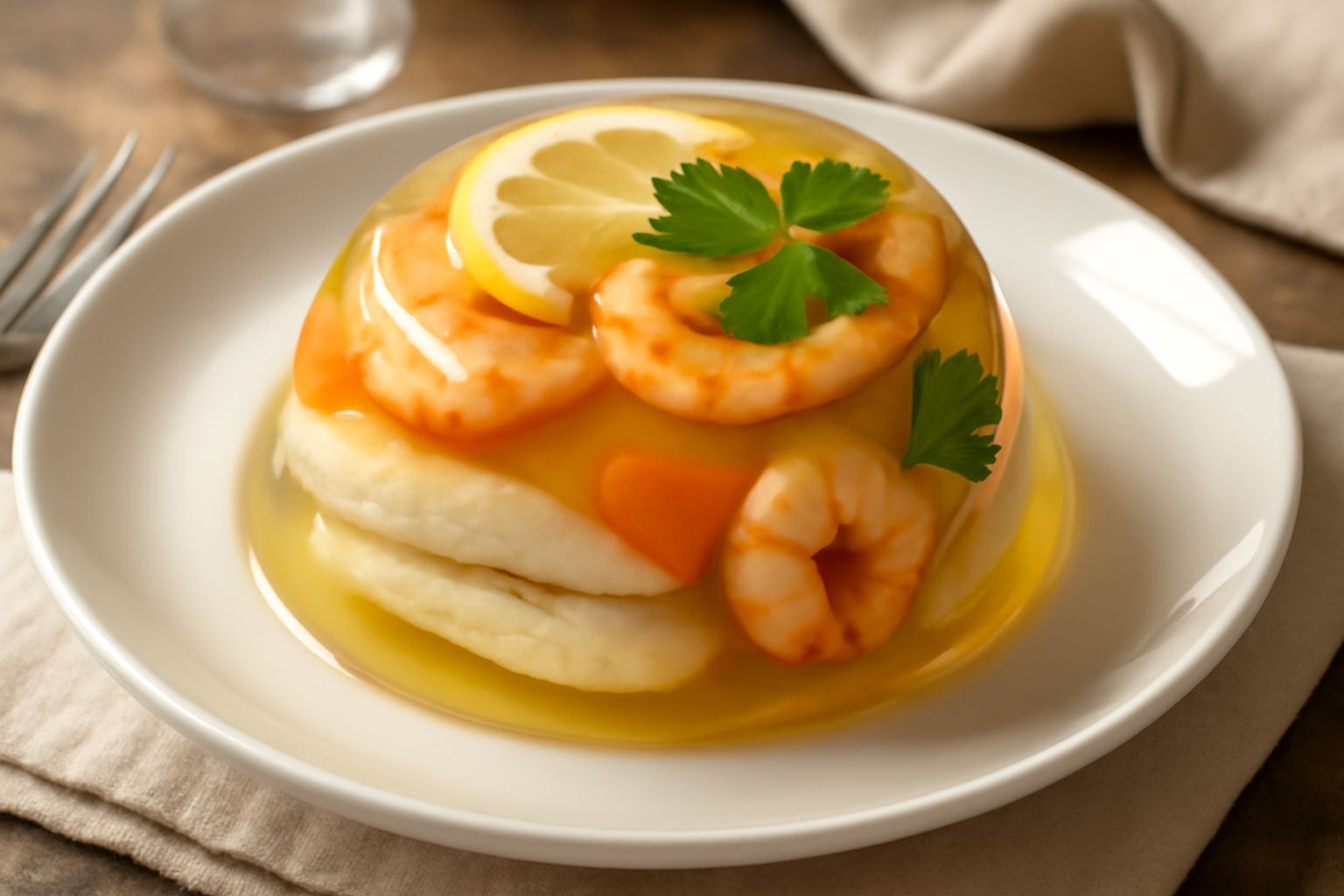 Aspic di pesce a fette, trasparente e lucido come vetro, con filetti di pesce bianco visibili all'interno, guarnito con rondelle di limone e prezzemolo fresco, servito su piatto bianco con contorno di