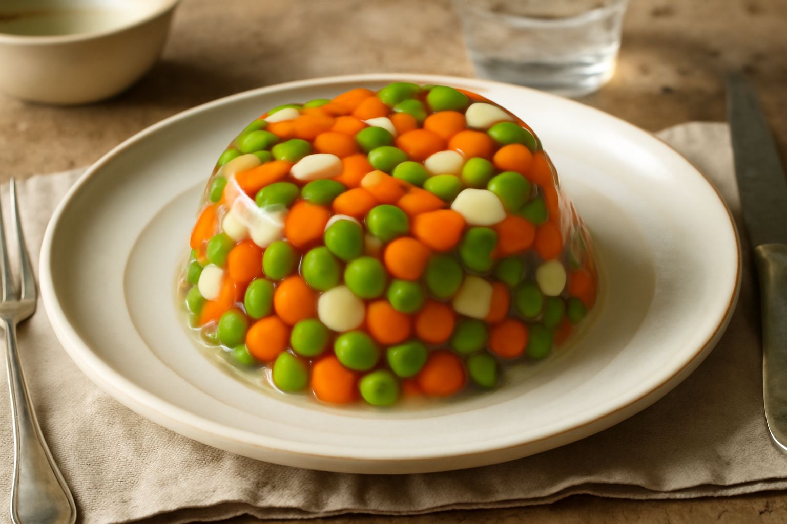 Aspic di verdure in piatto bianco: gelatina trasparente e limpida che racchiude piselli verdi, carote arancioni tagliate a dadini, fagioli e prezzemolo. La luce passa attraverso la gelatina illuminand