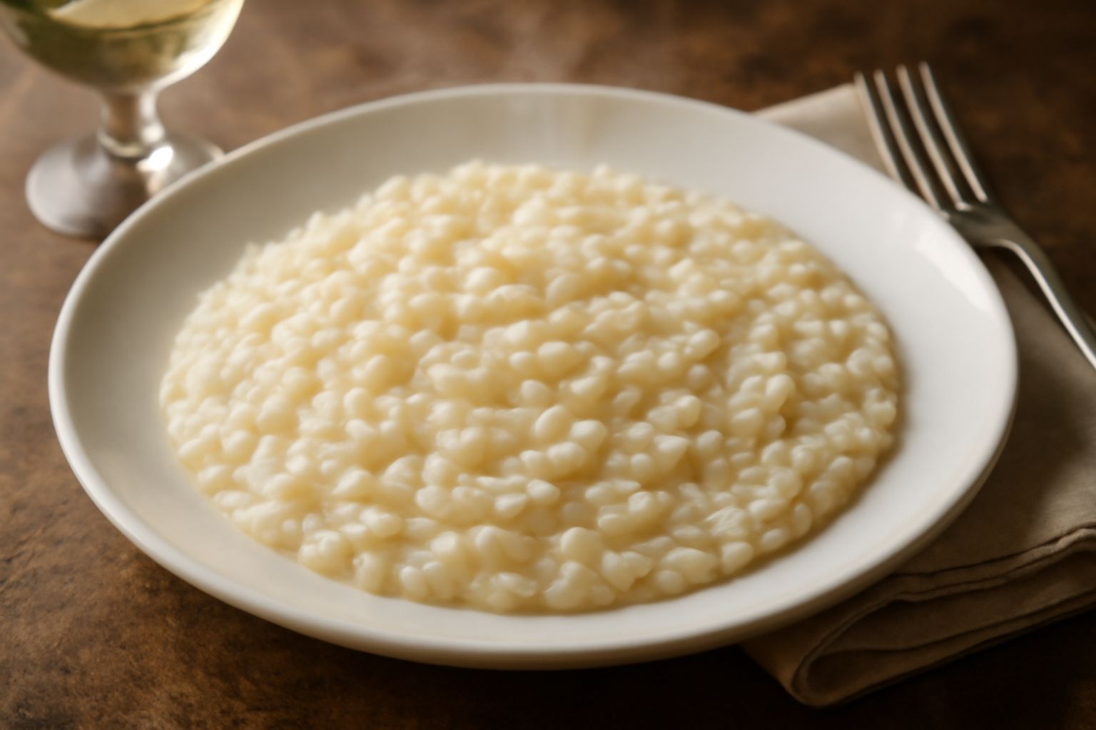 Bicchiere di vino bianco Asprinio d'Aversa trasparente e giallo chiaro con riflessi dorati, accanto a una pentola di risotto color bianco avorio fumante, in un piatto bianco sporco su tavolo di legno 