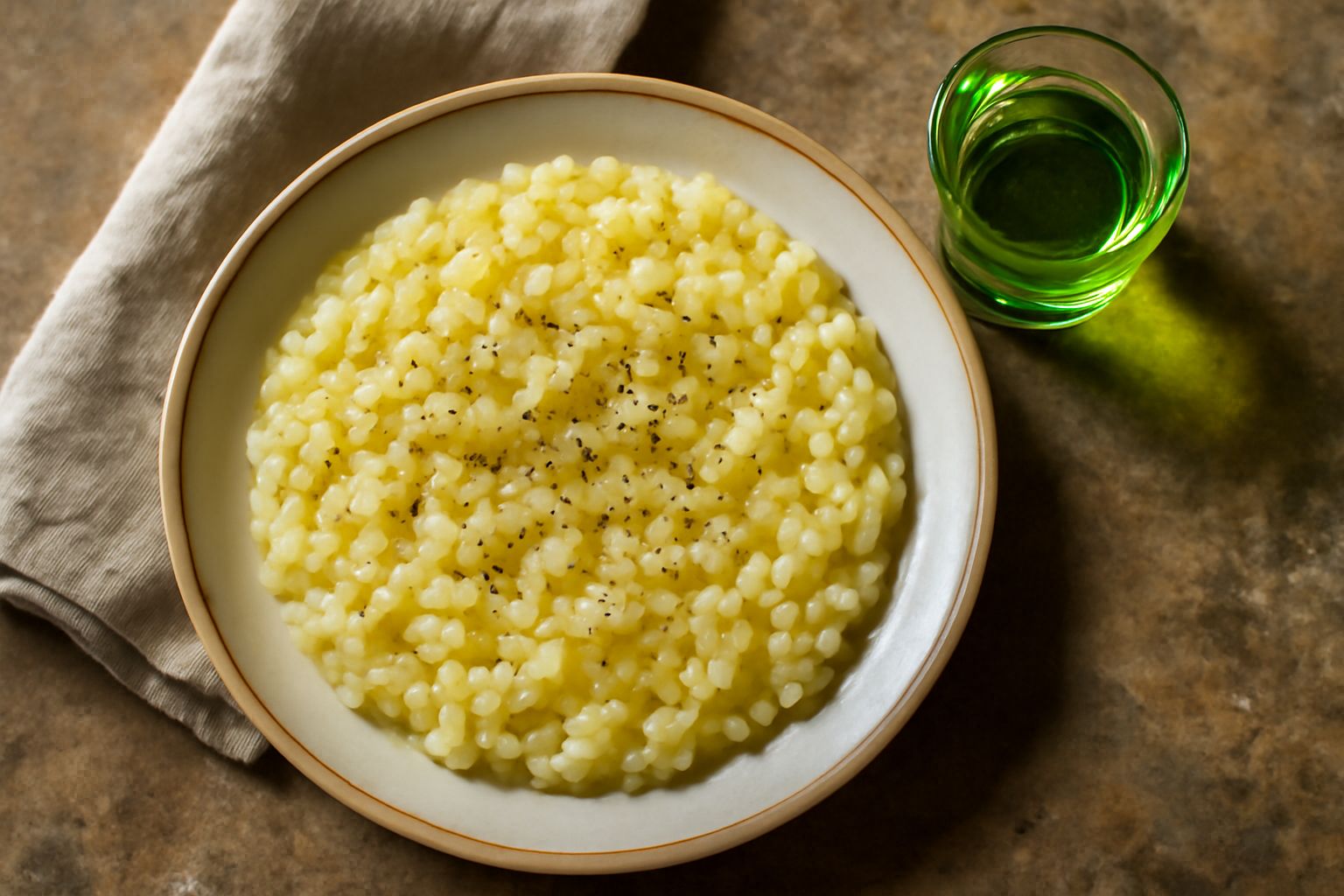 Bicchiere basso con liquore assenzio di colore giallo verde intenso, su tavolo di legno scuro, circondata da rametti secchi di assenzio e una bottiglietta di vetro sfumato