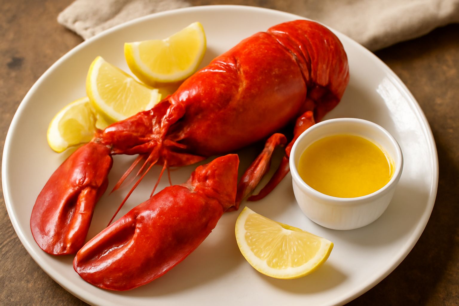 Astice rosso scuro appena cotto in un piatto bianco, intero con le chele piegate, vapore leggero, accompagnato da limone tagliato a spicchi e un bicchiere d'acqua cristallina sullo sfondo