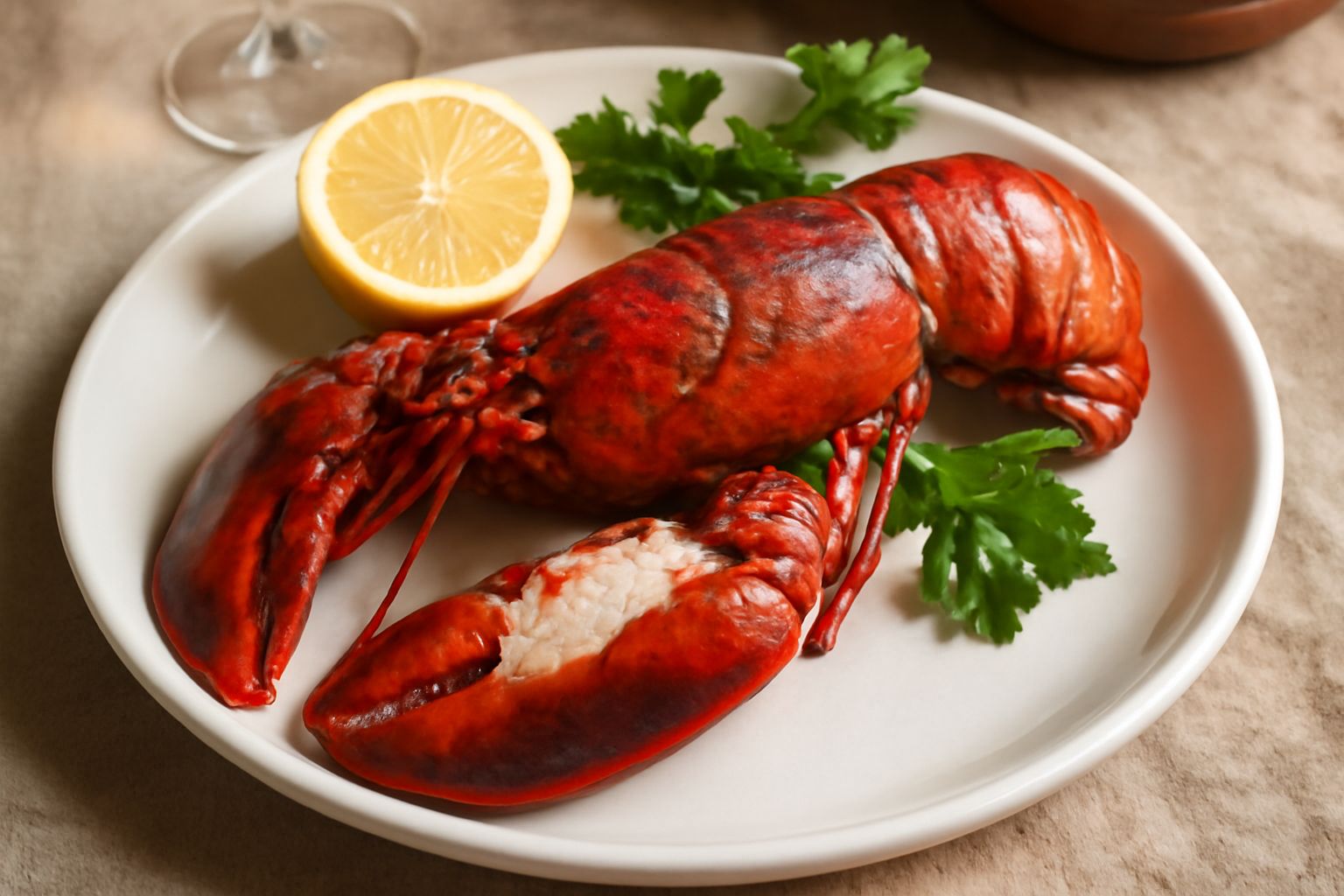 Astice rosso intero appena cotto, disteso su un piatto bianco con due metà di limone, contorno di prezzemolo fresco, vapore leggero ancora visibile intorno al carapace