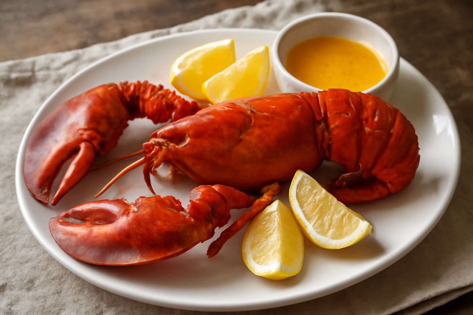 Astice intero rosso scuro appena bollito, adagiato su un piatto bianco con contorno di limone tagliato a spicchi, una ciotola di burro fuso al fianco, tavolo di legno chiaro