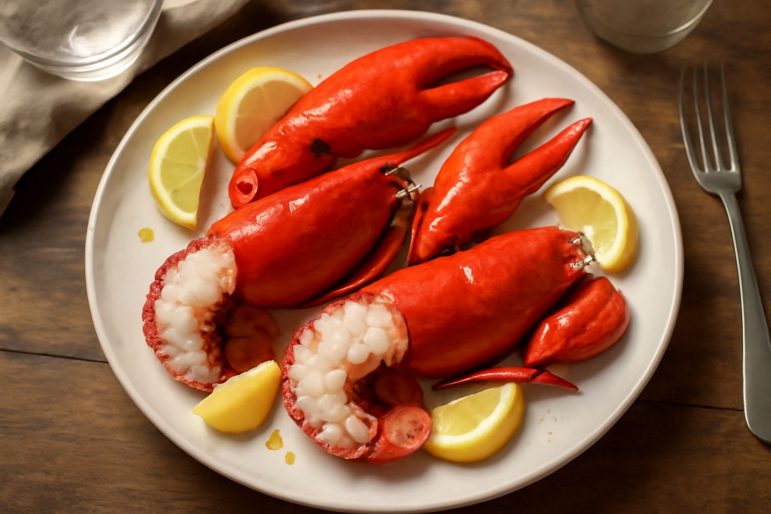 Due astici interi lessati di colore rosso brillante adagiati su un piatto bianco con limone tagliato a spicchi, olio d'oliva versato e prezzemolo fresco, sfondo di mare azzurro sfumato