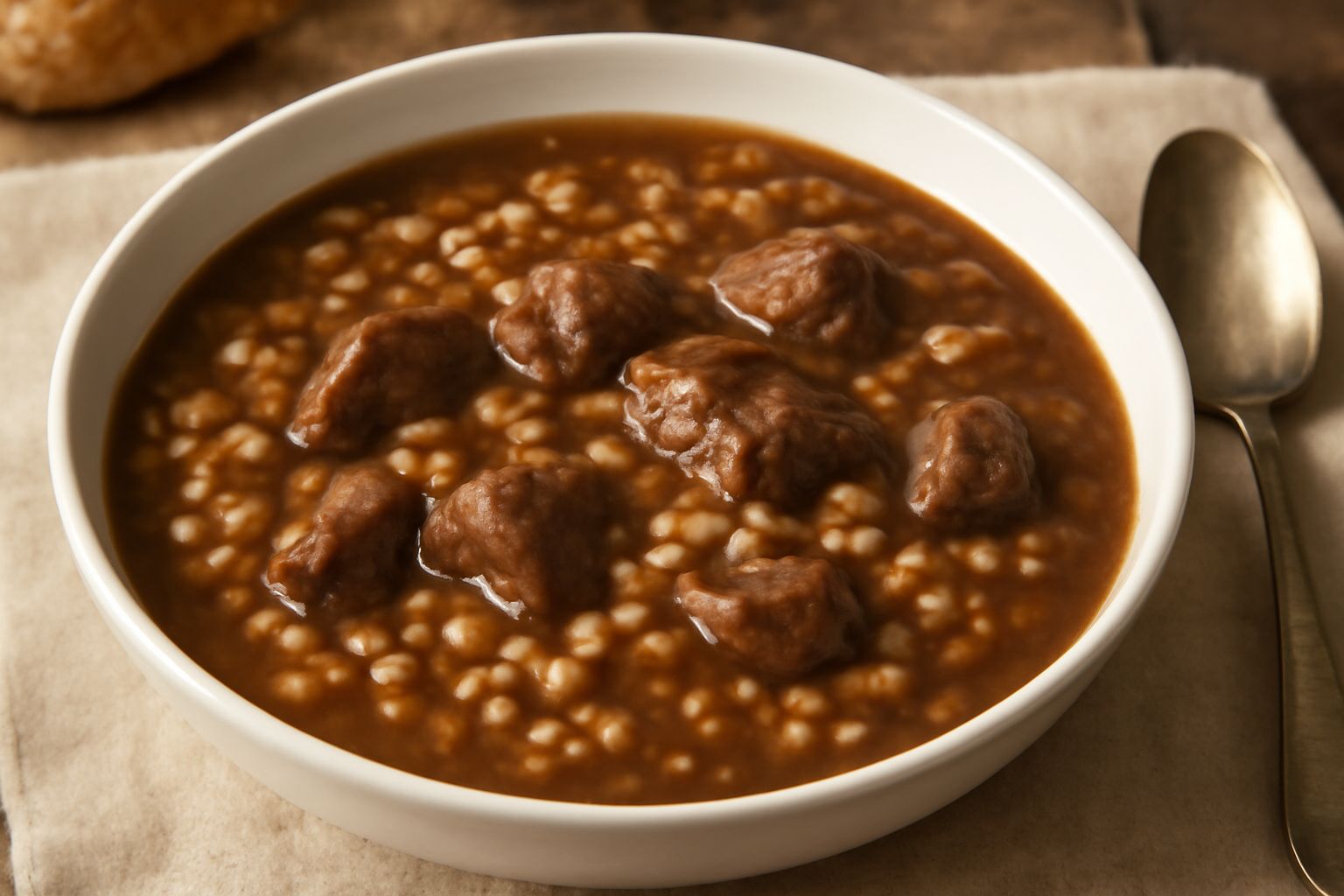 Atzada in una ciotola di ceramica bianca, con orzo perlato visibile, pezzi di carne morbida, colore marrone scuro del brodo, guarnito con prezzemolo fresco, su fondo di legno rustico
