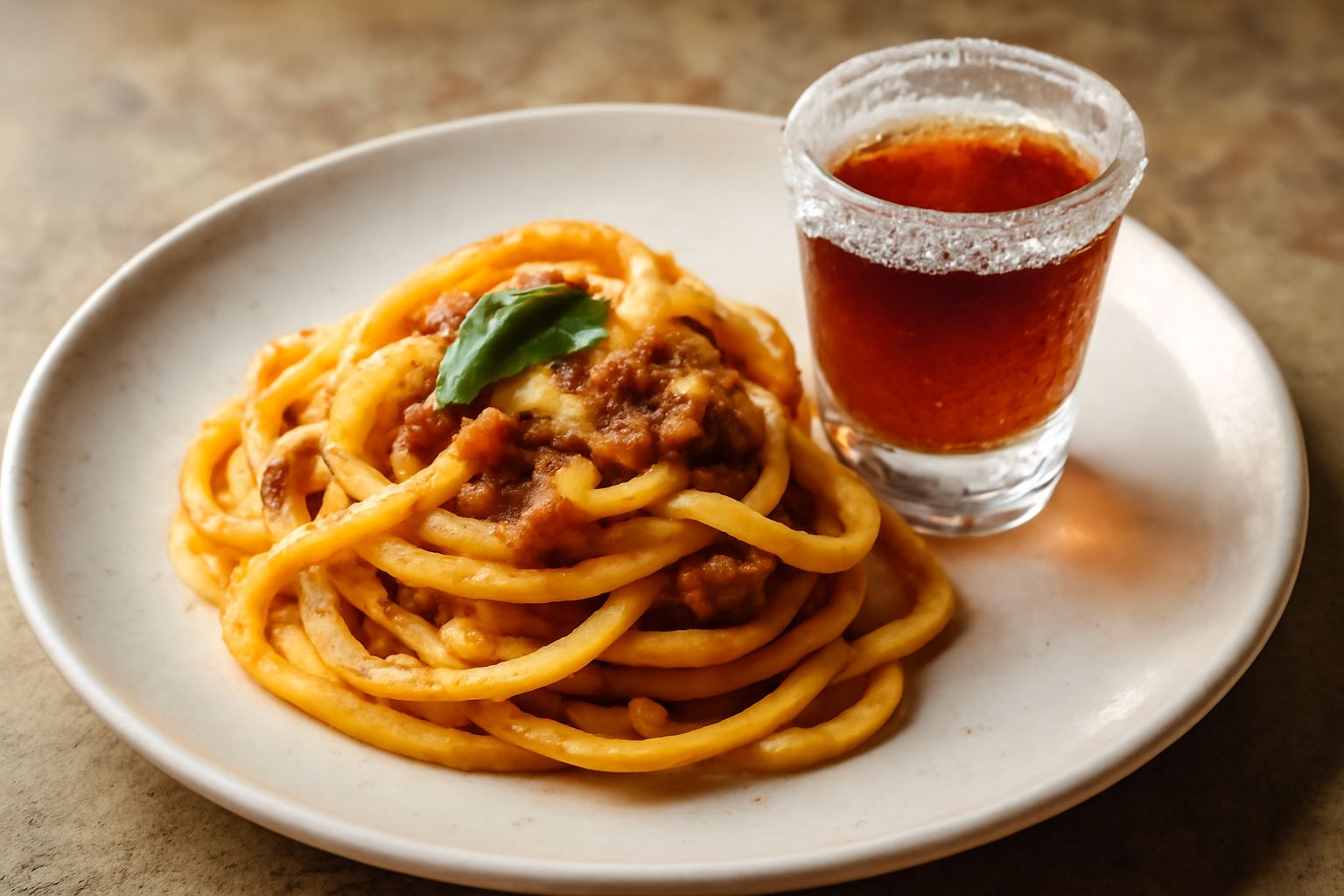 Bicchiere di cristallo con amaro Averna di colore ambrato e trasparente, bordo frosted di zucchero, servito in ambiente da bar con bottiglie di vetro scuro sullo sfondo e giallo caldo di lampade
