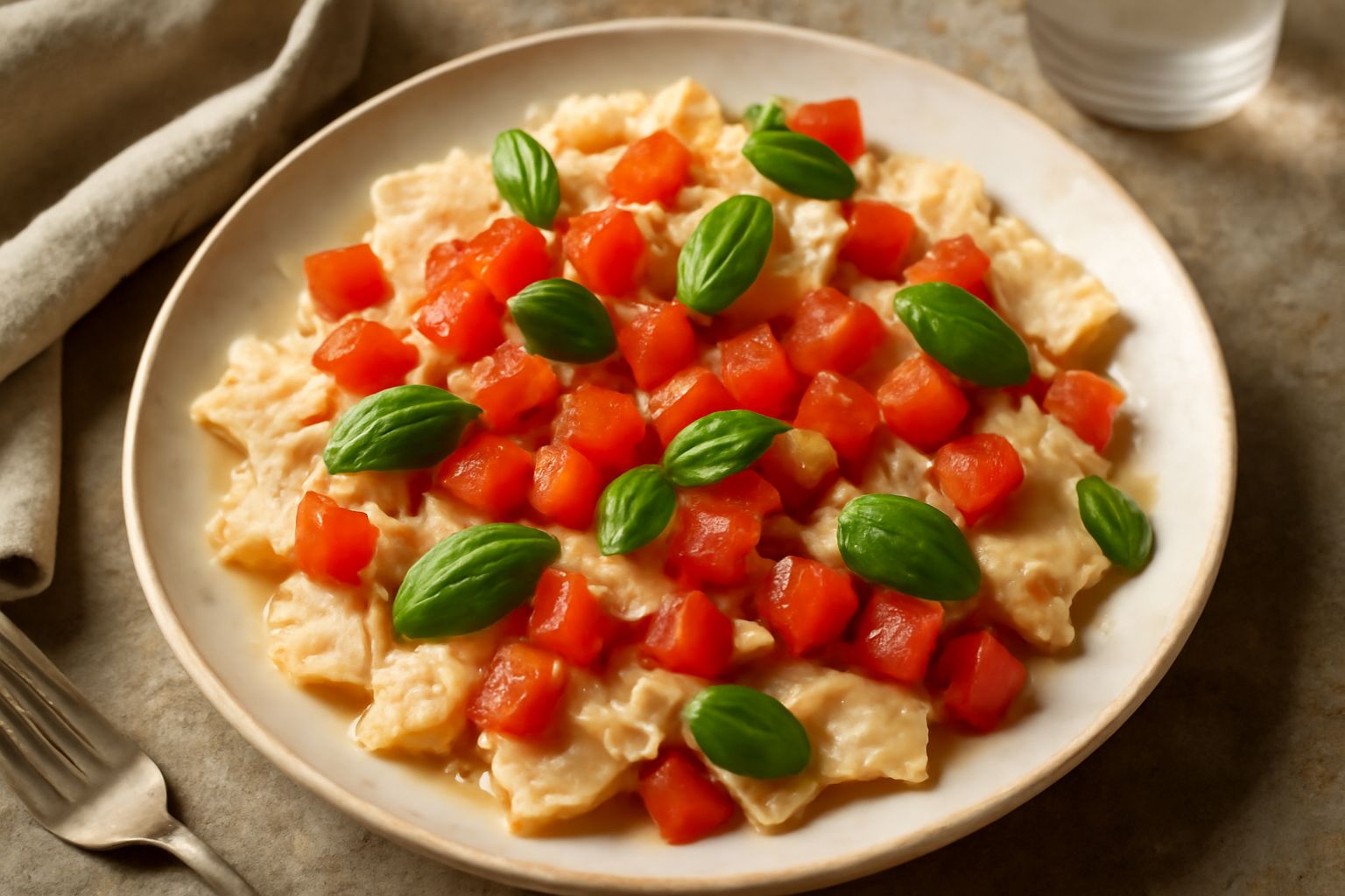 Pane azzimo spezzato in frammenti irregolari, condito con cubetti di pomodoro rosso, fettine di basilico fresco verde, olio dorato che luccica, servito in un piatto bianco su un piano di marmo chiaro.