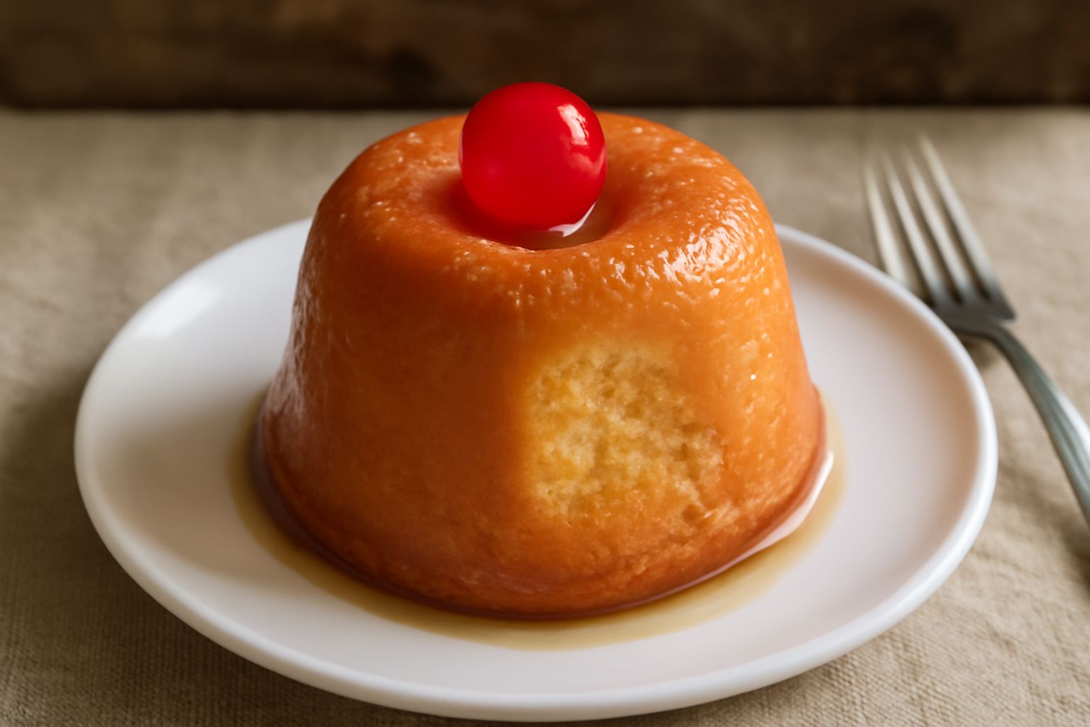 Tre babà al rhum di forma troncoconica, dorate e lucide per lo sciroppo, coperte di ciliegie candite in cima, su un piatto bianco accanto a un piccolo bicchiere con sciroppo rosso.
