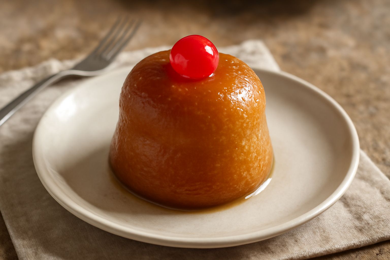 Baba al rum dorata appena sfornata, posta su piatto bianco, ricoperta di sciroppo lucido e guarnita con ciliegia candita rossa al centro, dalla forma caratteristica di ciambella alta e leggermente tra