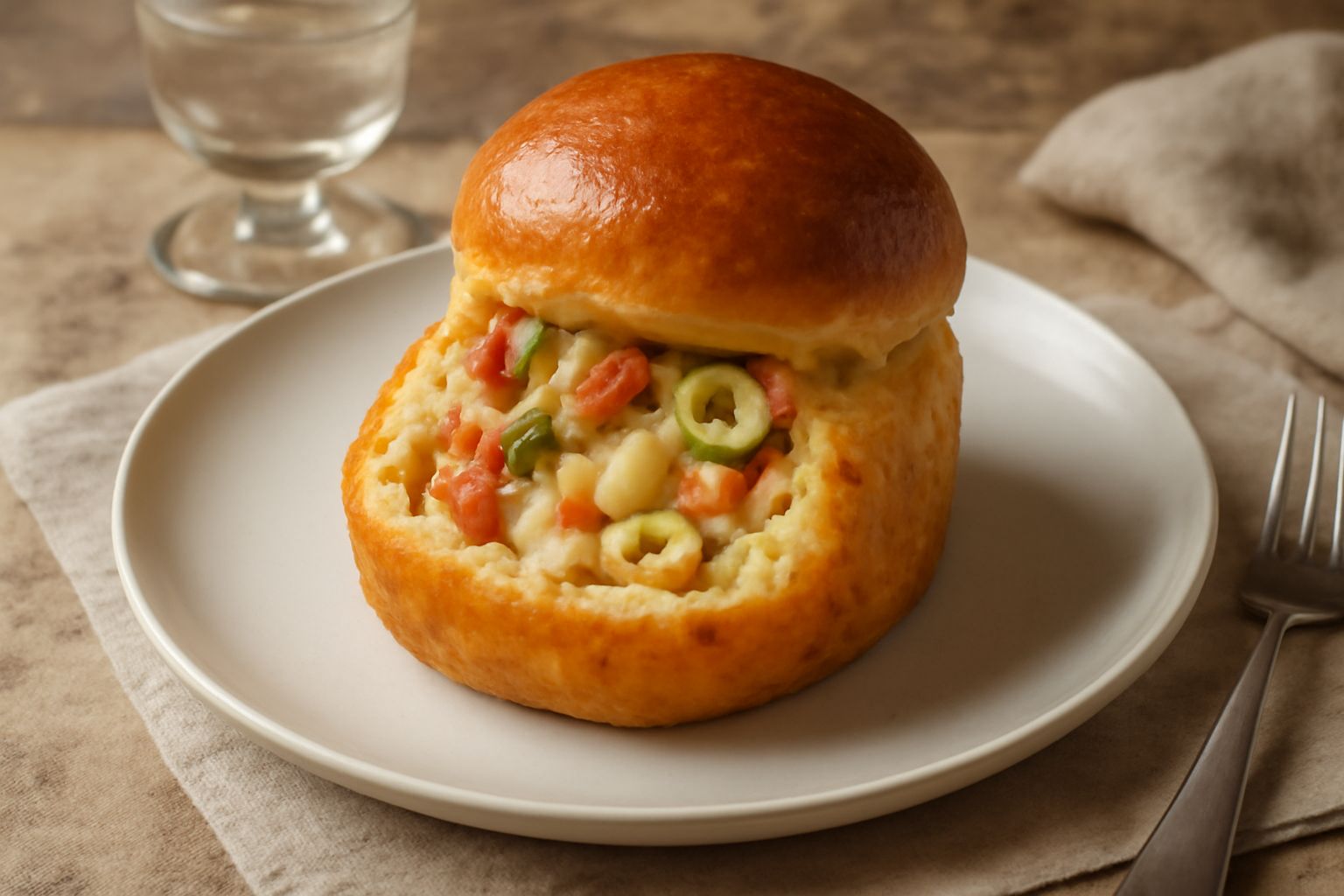 Babà salato a forma di ciambella su piatto bianco, farcito di ricotta e salumi, con ragù di verdure, decorato con prezzemolo fresco