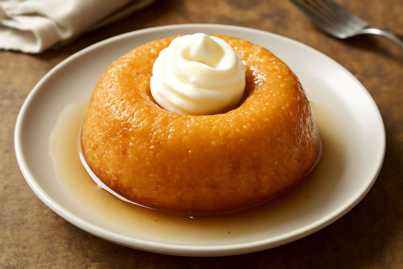 Una baba savarin dorata a forma di ciambella su piatto bianco, lucida per lo sciroppo, circondata da gocce di liquore e decorata con ciliegie candite rosse, con crema montata ai lati