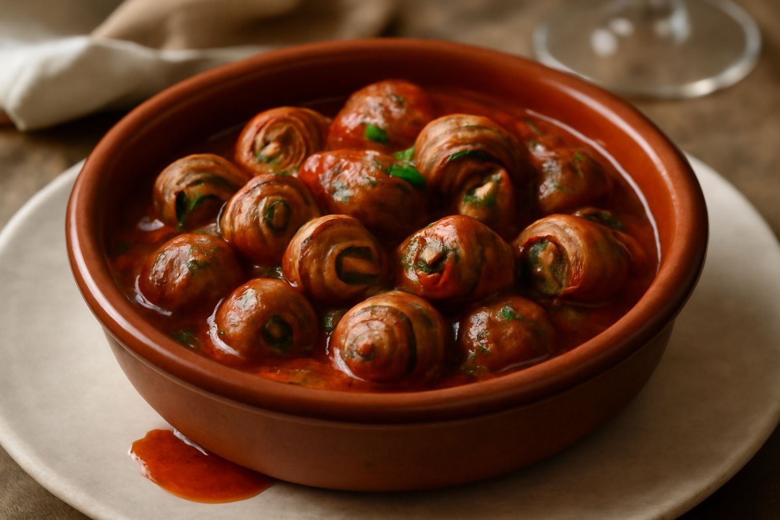 Babbaluci in umido in una ciotola di terracotta, ricoperti di sugo rosso scuro con pomodoro, prezzemolo fresco tritato in superficie, contorno di pane tostato nel piatto bianco