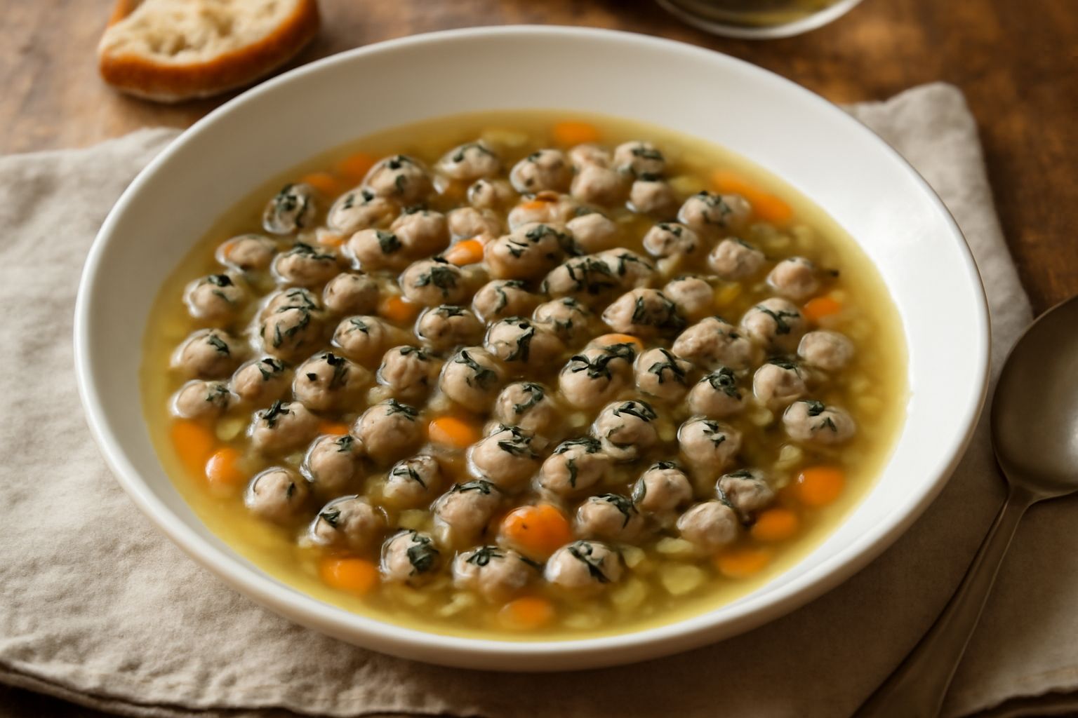 Ciotola di ceramica bianca con babbaluci di mare in brodo fumante, verdure miste visibili nel liquido trasparente ambrato, prezzemolo verde sulla superficie, cucchiaio di legno appoggiato al bordo