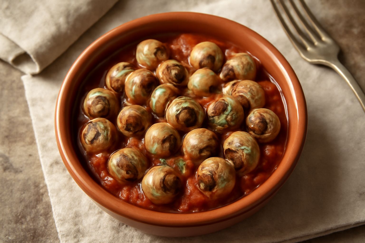 Babbàluci in umido in una ciotola di terracotta, salsa rossa con pomodoro e aglio, lumache intere visibili dentro il guscio, prezzemolo verde fresco tritato sopra