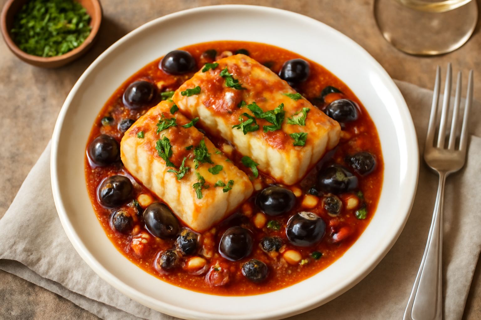 Un piatto di ceramica bianca con baccalà in filetti bianchi e teneri, immerso in salsa di pomodoro rosso scuro, con olive nere visibili, uvetta e pinoli sparsi in superficie, guarnito con prezzemolo f