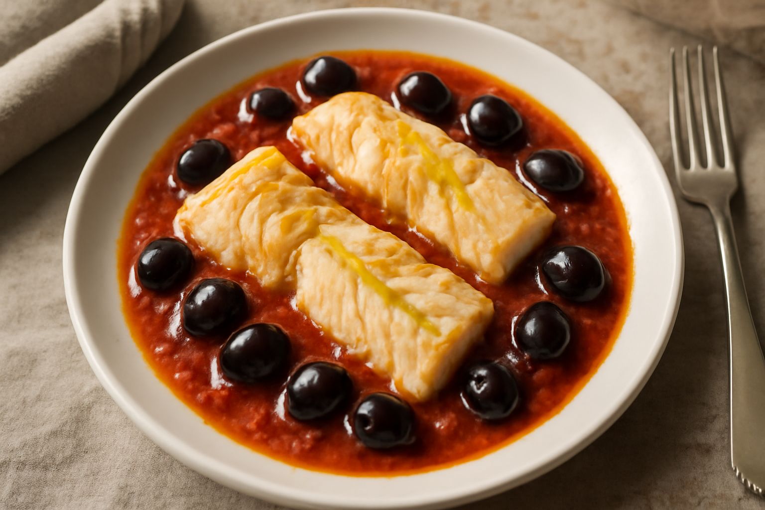 Baccalà alla genovese servito in piatto bianco, filetti di pesce morbidi in salsa rosso scuro con olive nere, pomodori e prezzemolo fresco, contornato da pane tostato