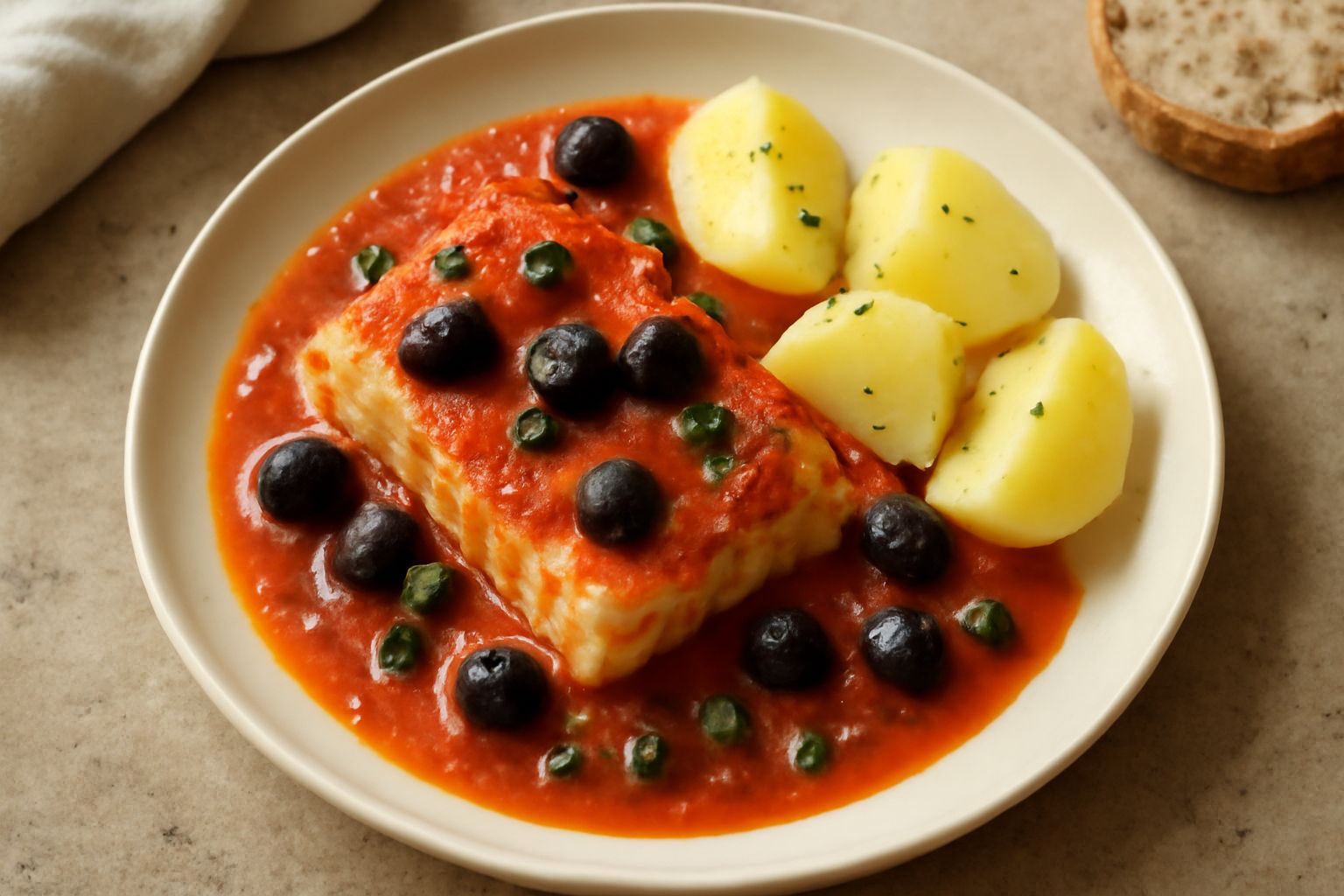 Baccalà in umido bianco e rosso in un piatto di ceramica bianca, coperto di salsa di pomodori, olive nere intere e capperi, con prezzemolo fresco verde sopra, contorno di patate bollite dorate e limon