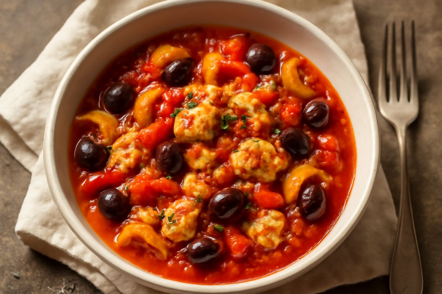 Baccalà in umido in piatto bianco, condito con pomodori rossi, olive nere e peperoni gialli, con olio lucido in superficie e prezzemolo fresco