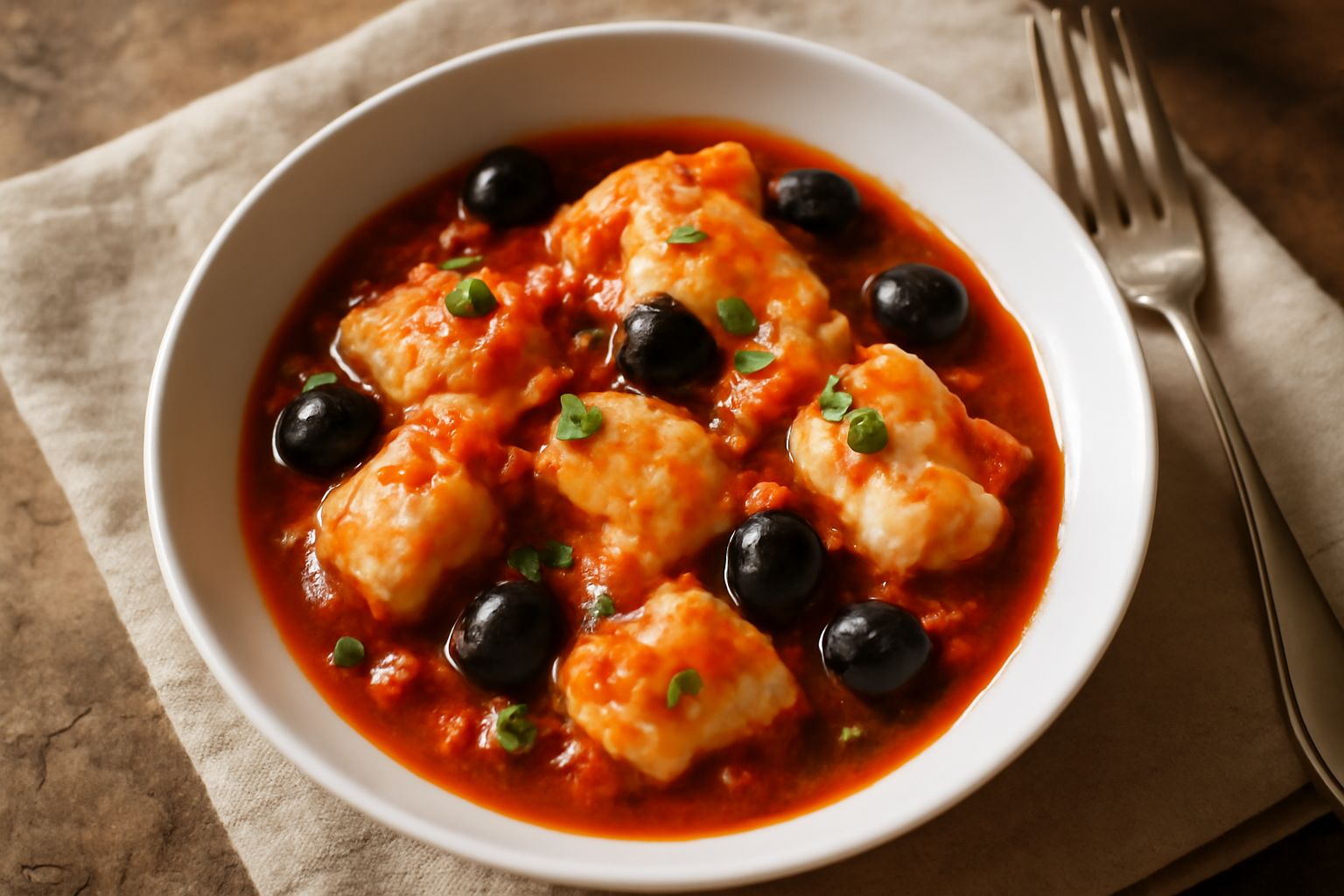 Piatto di baccalà alla materana: fiocchi di pesce bianco e cremosi su fondo rosso di pomodoro, olive nere sparse e prezzemolo fresco, con pane tostato ai bordi