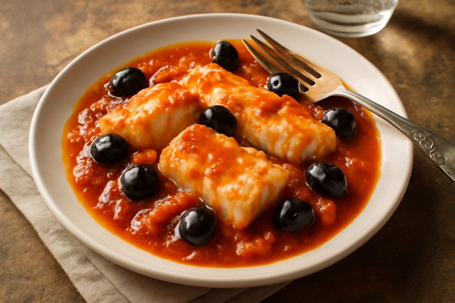 Baccalà alla modenese in umido bianco-rosso, con filetti di pesce teneri circondate da olive nere e pomodoro in salsa densa, servito in piatto fondo di ceramica bianca su sfondo di legno scuro