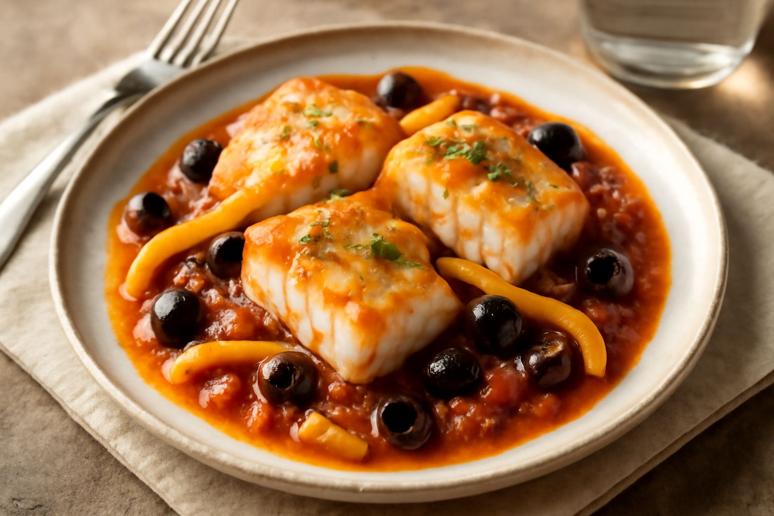 Baccalà alla molisana in piatto bianco: filetti di pesce grigio-bianco parzialmente affondati in salsa rossa di pomodoro con strisce gialle di peperone e puntini neri di olive, contorno di prezzemolo 