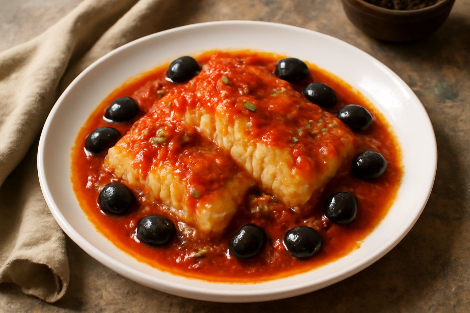 Baccalà alla napoletana in umido bianco, arancione e nero nel piatto, con il pesce morbido in primo piano, olive nere tagliate, e sugo di pomodoro con acciughe sparse, guarnito di prezzemolo fresco