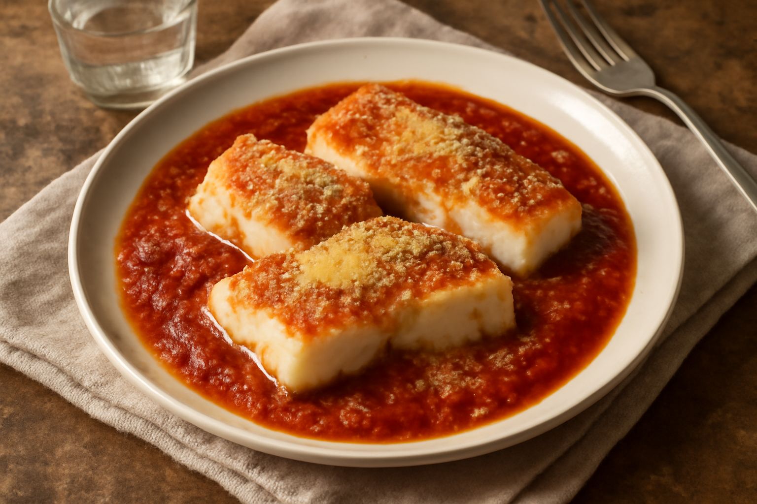 Baccalà alla parmigiana in un piatto bianco, con filetti di baccalà tenero immersi in sugo di pomodoro rosso vivo, coperto di parmigiano grattugiato dorato, contornato da insalata verde fresca