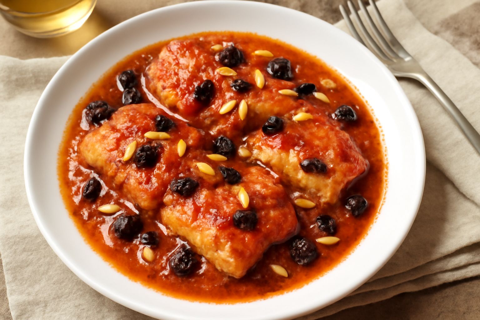 Baccalà alla romana servito in piatto fondo bianco: filetti di pesce biancastri immersi in sugo di pomodoro rosso scuro con uvetta nera e pinoli sparsi in superficie, contornato da olio d'oliva lucido