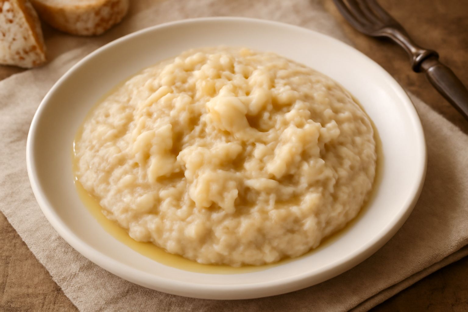 Baccalà alla vicentina freddo in piatto bianco: fiocchi bianchi di pesce avvolti in salsa cremosa color beige, guarnito con acciughe sottili scure, cipolla bianca affettata sottile e gocce di olio d'o
