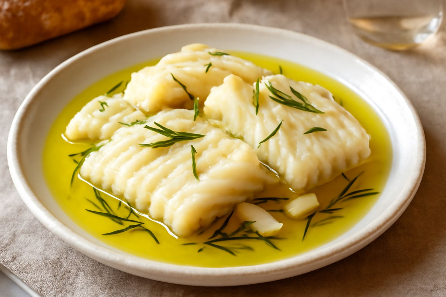 Barattolo di vetro con baccalà desalato in olio extra vergine, con spicchi d'aglio, peperoncino rosso e rosmarino, su uno sfondo bianco con un cucchiaio d'acciaio accanto