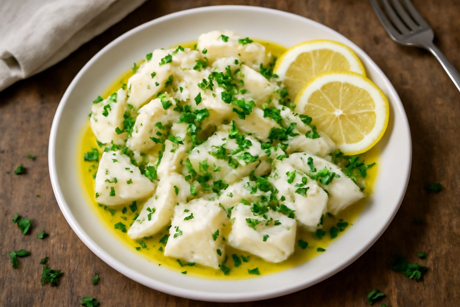 Piatto bianco con baccalà dissalato tagliato a pezzi, condito con olio giallo dorato, fettine sottili di limone giallo, prezzemolo verde fresco e olive nere, con limone spicchiato accanto