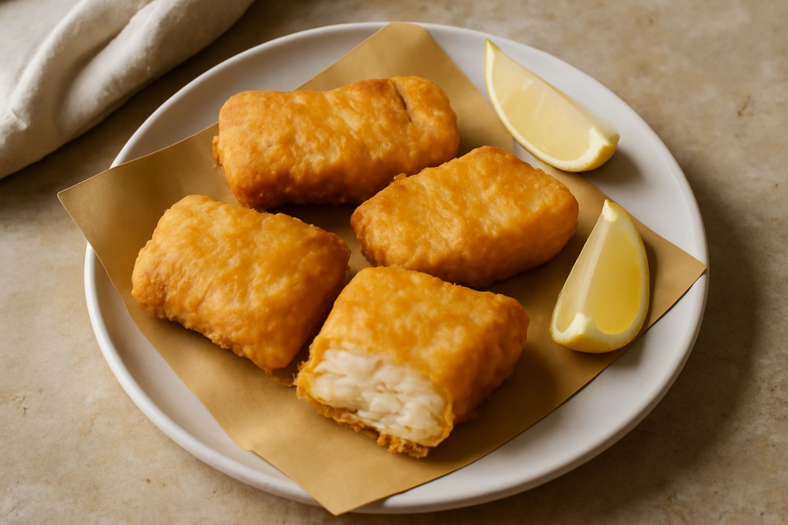 Baccalà fritto dorato servito su carta da fritto, filetti croccanti e fumanti, contorno di limone fresco tagliato a spicchi, erba cipollina verde su fondo scuro