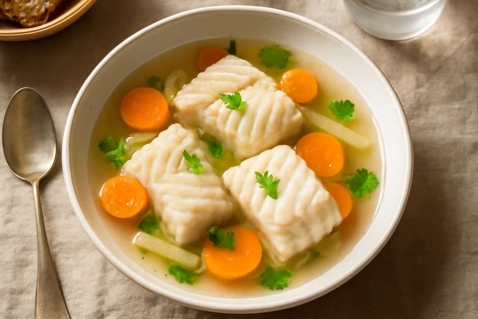 Ciotola di baccalà in brodo con filetti bianchi e teneri, brodo trasparente, fette di carota arancione, sedano bianco e prezzemolo verde fresco in superficie, su sfondo bianco.