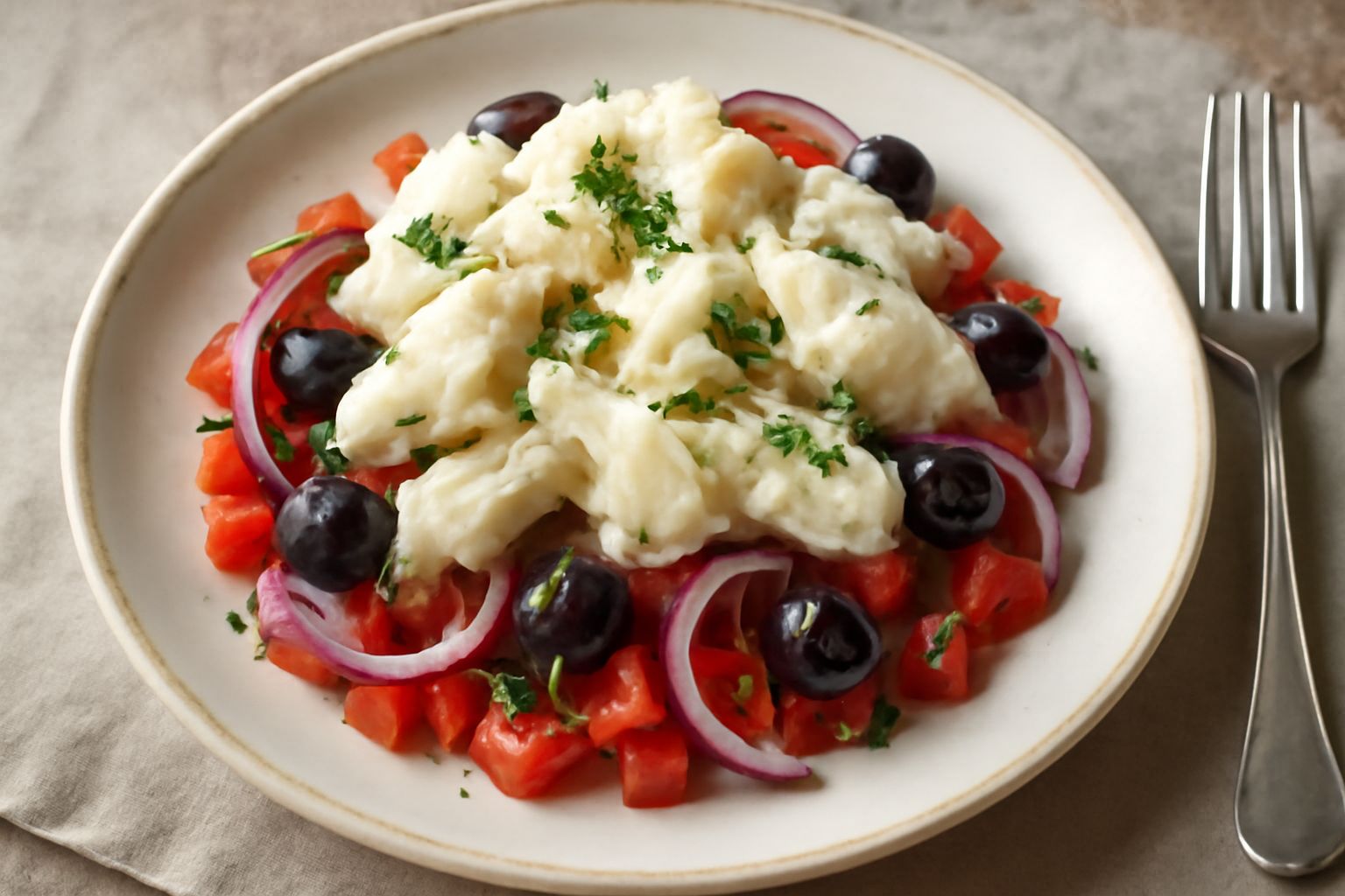 Insalata fredda di baccalà servita in piatto bianco con scaglie di pesce, pomodori rossi, olive nere, cipolla rossa affettata sottile, prezzemolo fresco verde e gocce di olio dorato visibile
