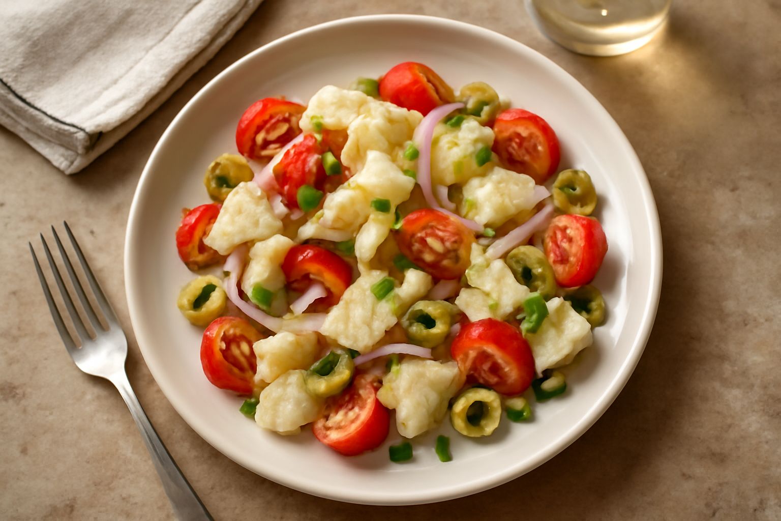Baccalà in insalata in una ciotola di ceramica bianca: filetti di pesce bianco, pomodorini rossi, cipolla rossa affettata, olive nere, prezzemolo fresco verde