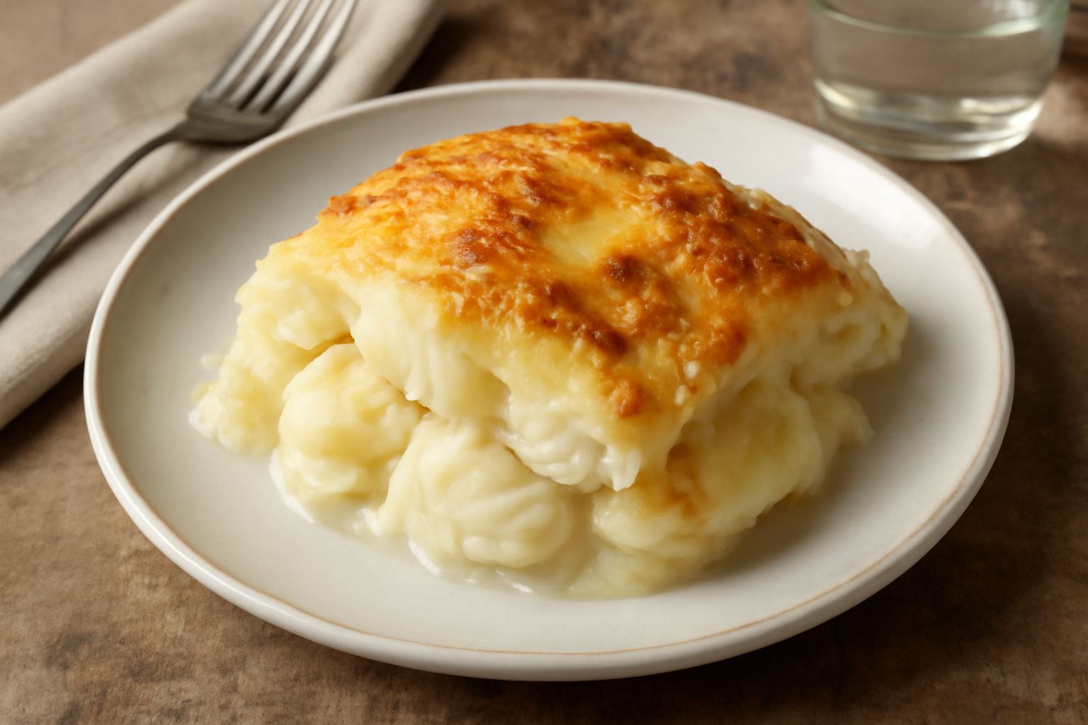 Tortiera rettangolare di ceramica con baccalà in crosta dorata, patate bianche cremose visibili tra gli strati, besciamella gratinata al forno, poggiata su tavolo di legno chiaro con napkin bianco.