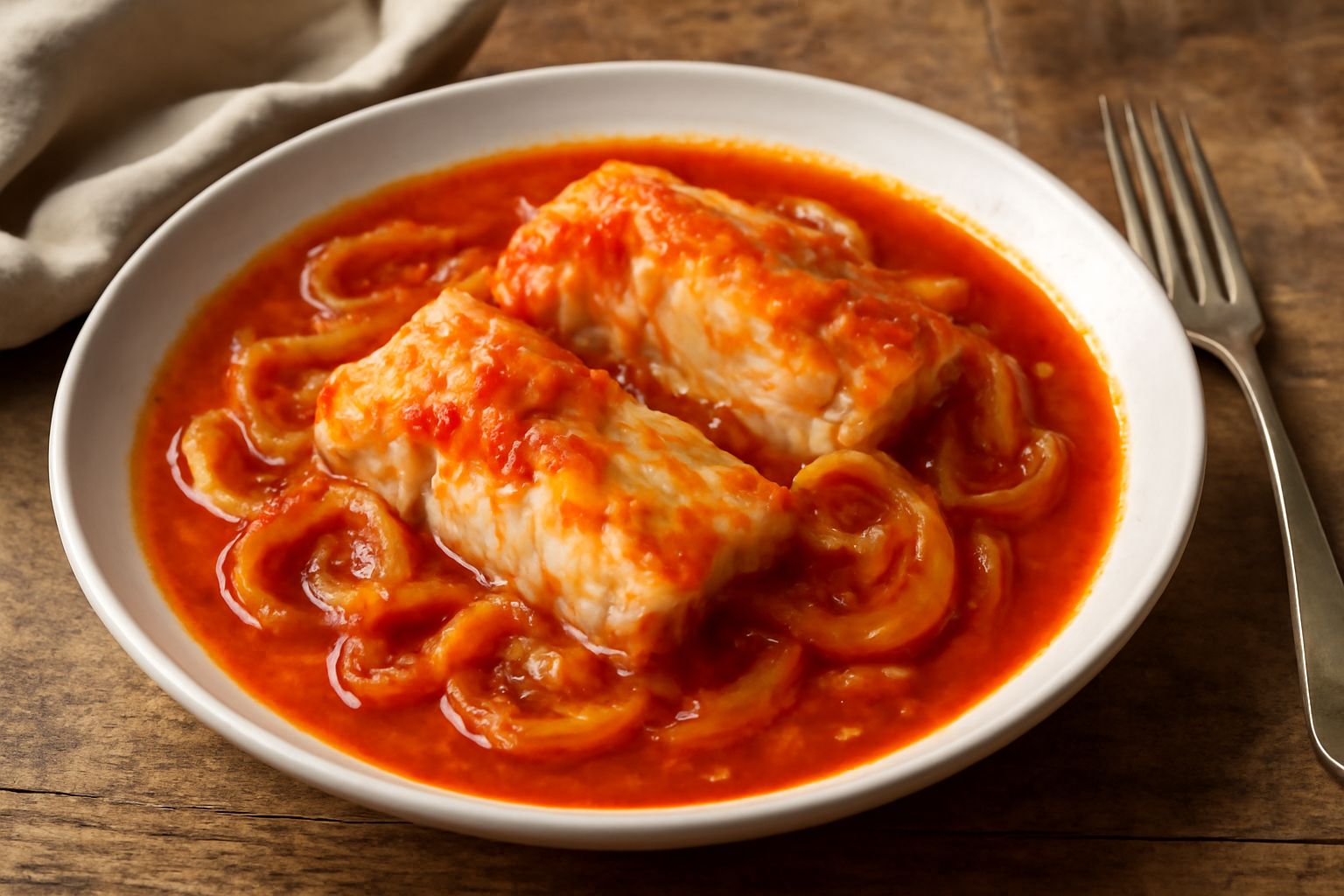 Baccalà in umido in una ciotola bianca, filetti bianchi in salsa di pomodoro rosso e umido con cipolle dorate, sedano e prezzemolo fresco spolverato in superficie