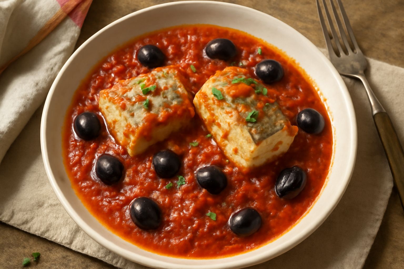 Baccalà in umido in un piatto bianco, con pezzi di pesce color bianco crema immersi in sugo rosso di pomodoro, olive nere, e una leggera guarnizione di prezzemolo fresco, contorno di pane scuro sfocat