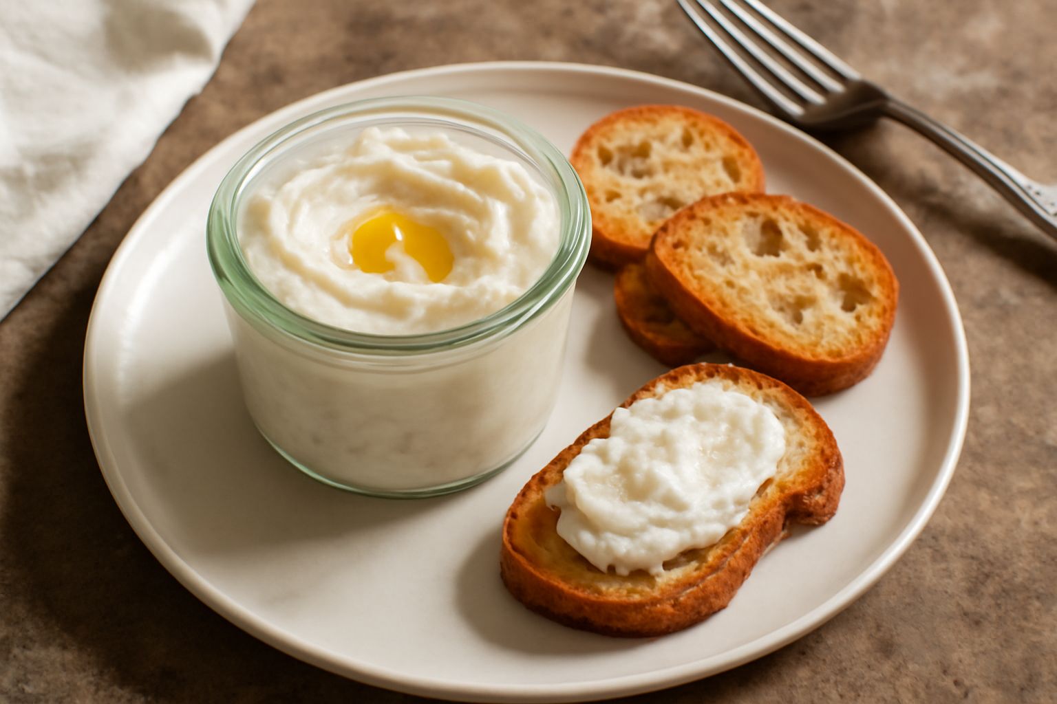 Vasetto di vetro trasparente con baccalà mantecato di colore bianco crema con striature dorate d'olio, decorato in superficie con un filo d'olio, accanto a pane tostato e una foglia di prezzemolo fres