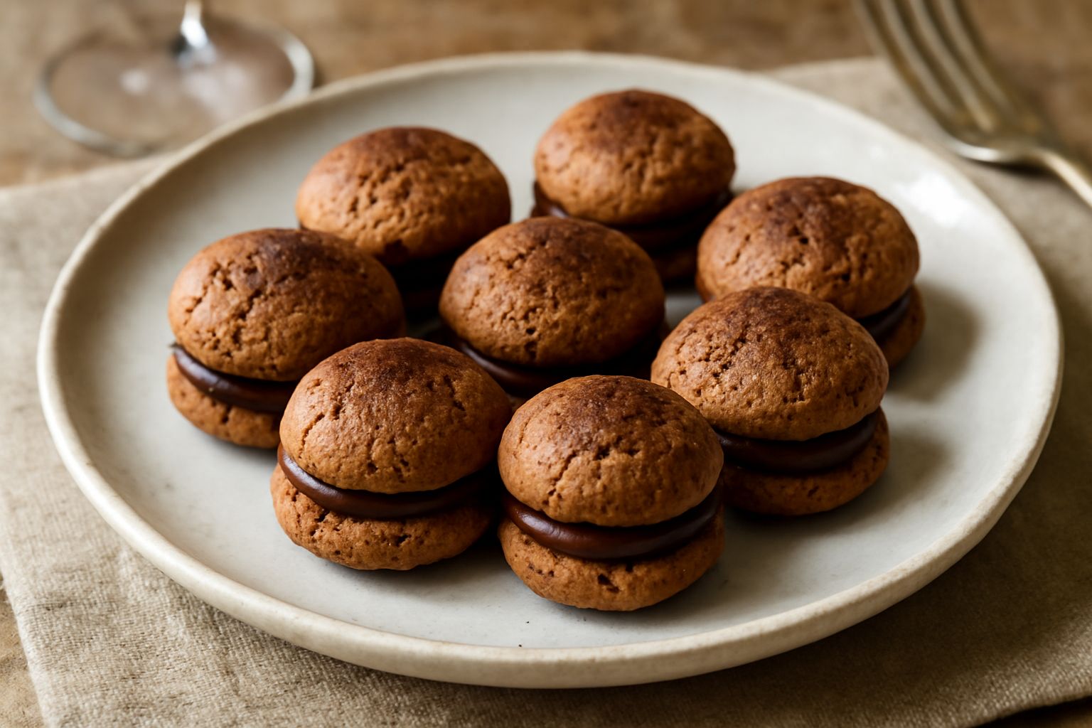 Baci di Alassio disposti su un piatto bianco: biscotti tondi e leggermente bombati, dorati ai bordi, con superficie morbida marrone-nocciola al centro e una leggera spolvero di cacao visibile sulla ci