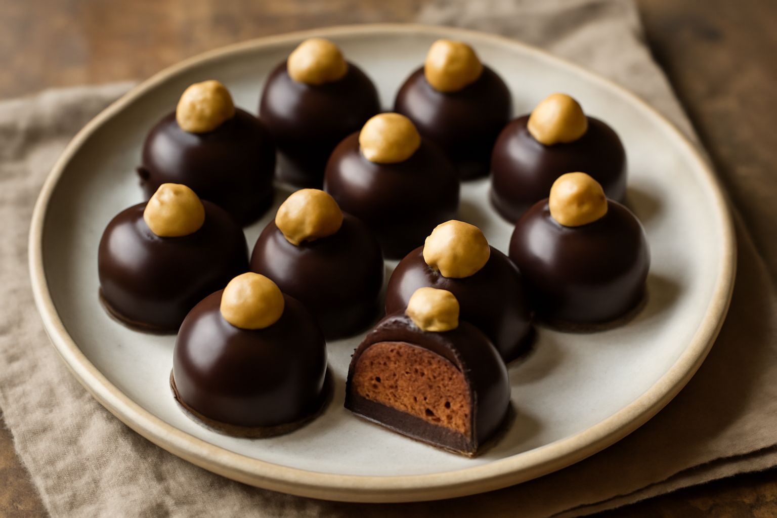 Baci di Cherasco: dolcetti tondi ricoperti di cioccolato fondente scuro, con nocciola intera visibile sopra, disposti su carta pergamena bianca, alcuni leggermente inclinati