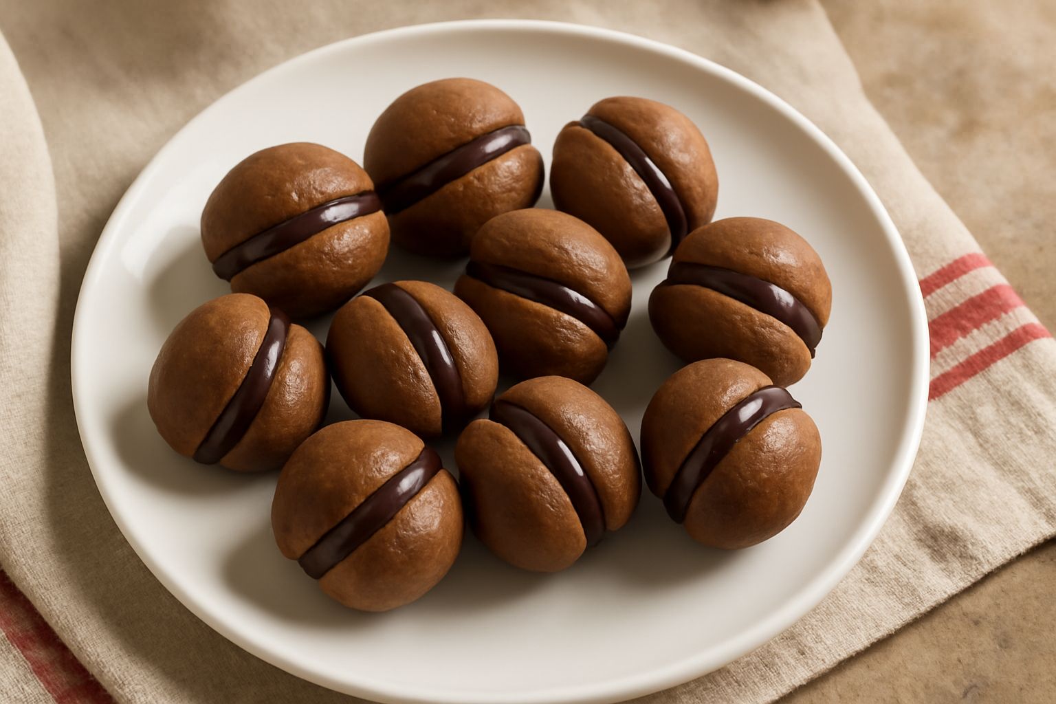 Una quindicina di baci di dama disposti su un piatto bianco, doppi biscotti tondi alle nocciole ricoperti di cioccolato fondente lucido, con il cioccolato che appare lucente e il biscotto visibile tra