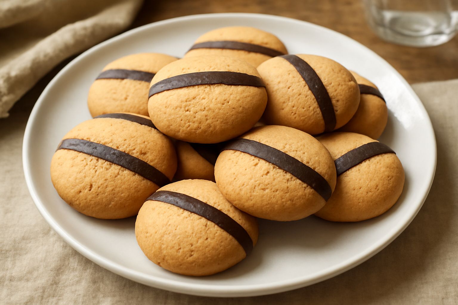 Una decina di biscotti tondeggianti color sabbia con una striscia di cioccolato scuro sulla parte superiore, disposti su un piatto bianco con una tazza di caffè sfocata sullo sfondo