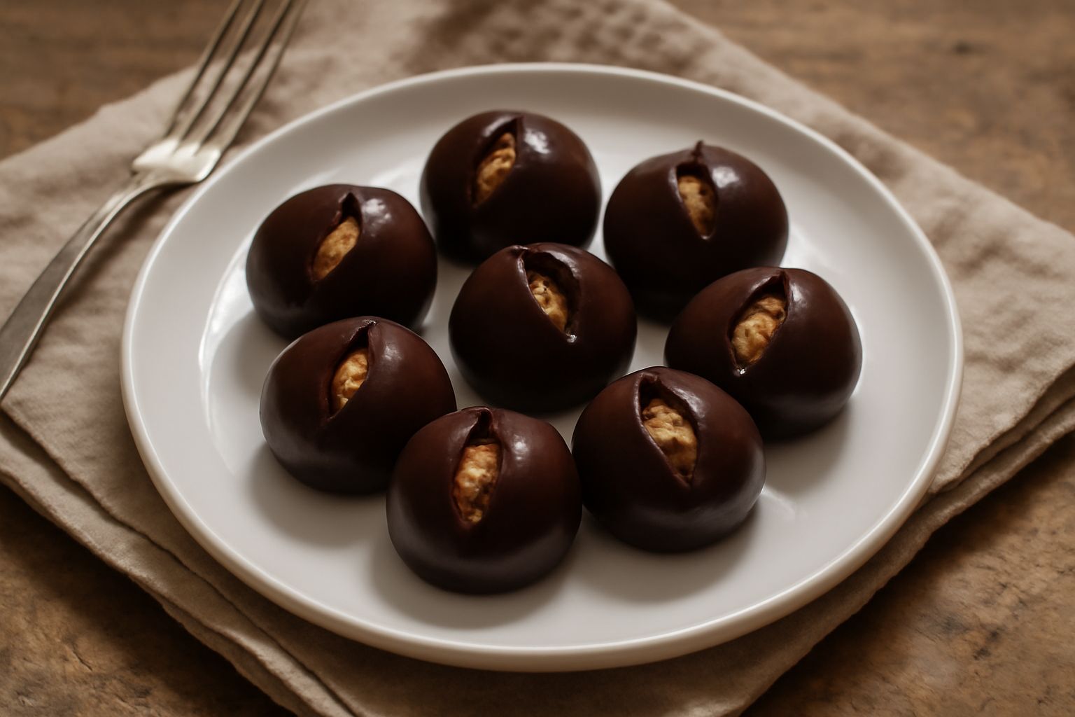 Baci di Perugia disposti su carta bianca, sferine di cioccolato fondente lucido con una spaccatura nella parte superiore, con visibile il ripieno di pasta di nocciola marrone chiaro