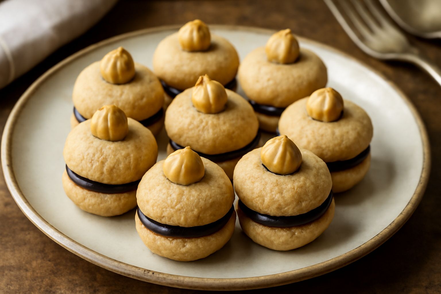 Baci di dama disposti su un vassoio bianco: piccoli biscotti tondi color nocciola con il cioccolato scuro visibile fra i due gusci, decorati con una nocciola intera sulla sommità