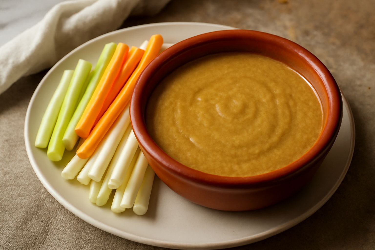 Bagna cauda campana in una ciotola di terracotta, fumante, di colore marrone dorato, circondata da bastoncini di verza fresca, finocchio e peperoni crudi disposti su un piatto bianco antico