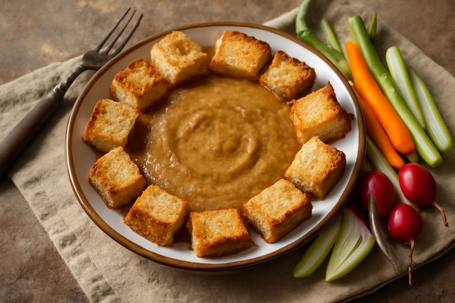 Piatto bianco con bagna cauda cremosa marrone dorata, fette di pane tostato intorno, verdure crude accanto e cucchiaio di legno nel piatto