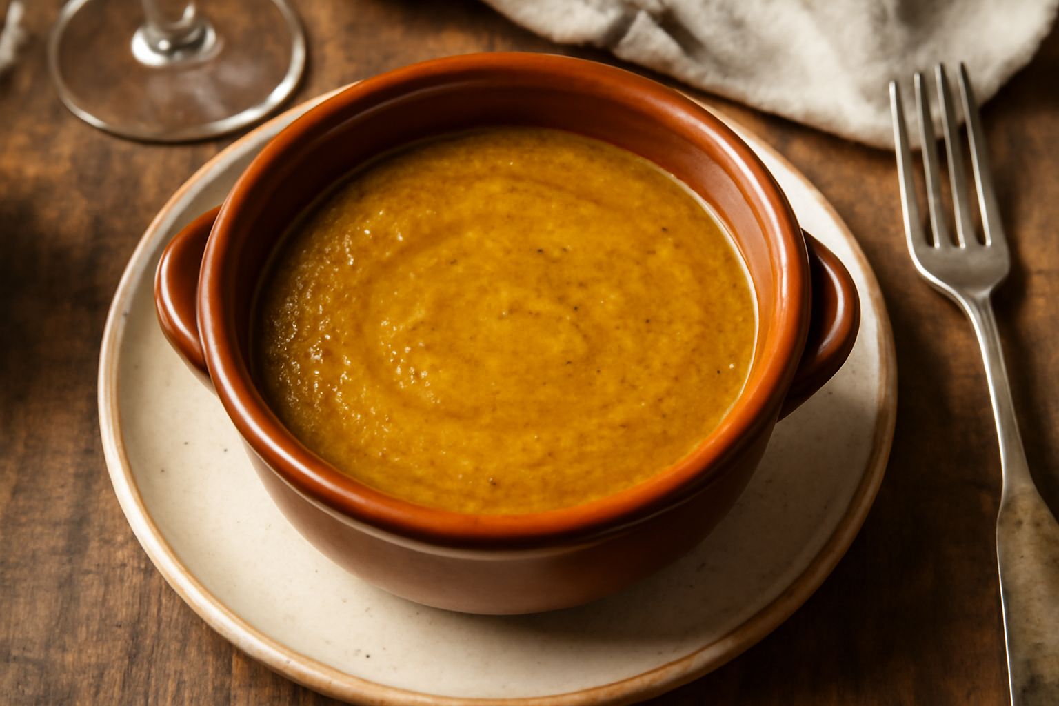 Bagna cauda fumante in una fonduta di ceramica marrone, con burro fuso e acciughe disciolte, circondato da bastoncini di sedano, carote crude e peperoni colorati su tavola di legno